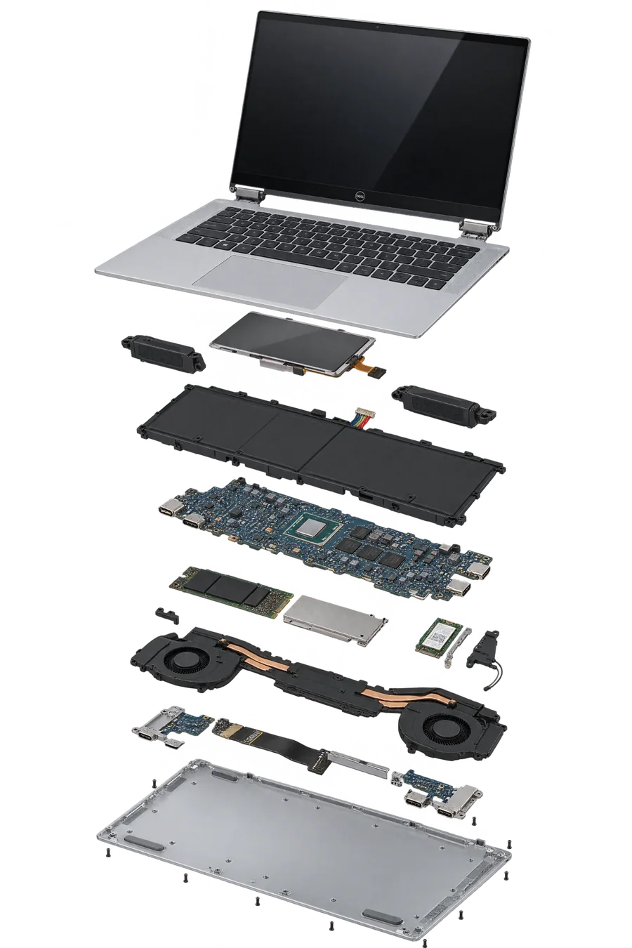 Notebook desmontado em camadas: tela, teclado, bateria, placa-mãe, SSD, cooler e carcaça